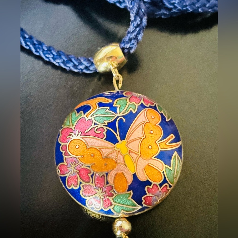 Vintage Cloisonne Butterfly Pendant Tassel Cord Necklace